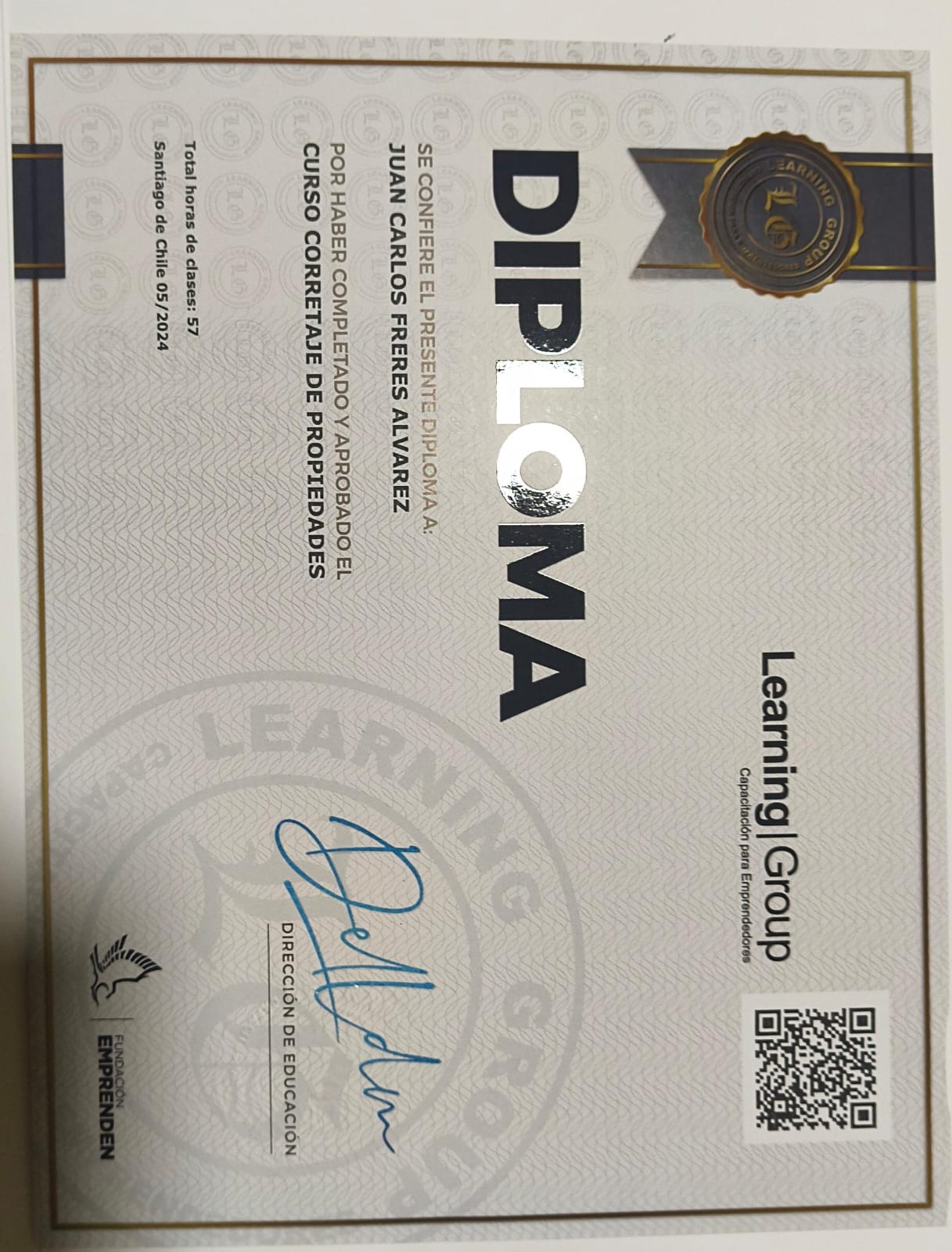 Diploma del curso de Corretaje de Propiedades